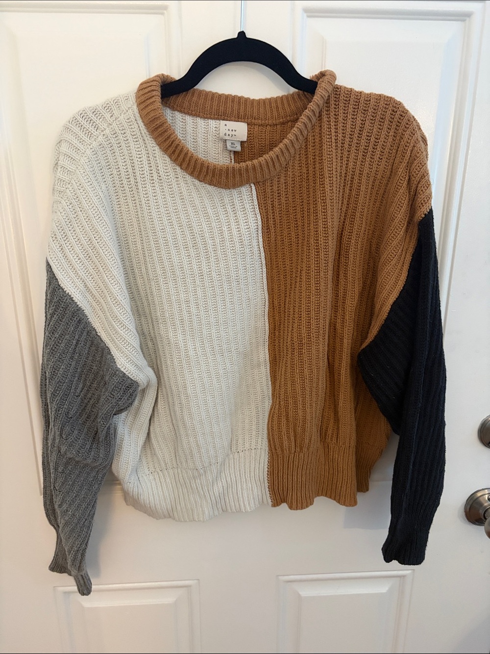 a new day Colorblock Rib-Knit Crew Sweater in Cream, Camel, Gray & Black